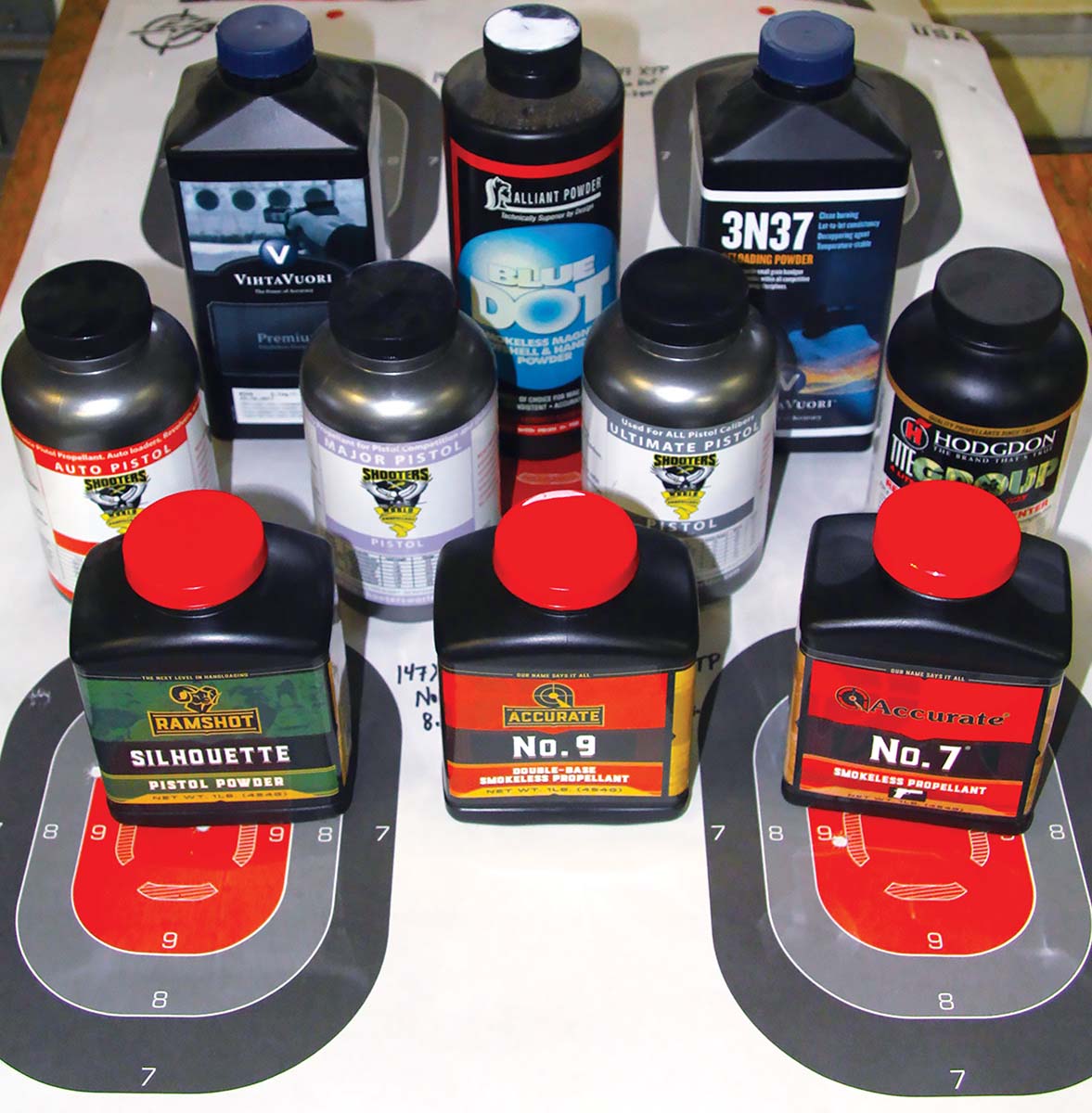 Powders used to assemble 38 Super Auto loads included (rear, left to right) Vihtavuori N340, Alliant Blue Dot and Vihtavuori 3N37; (middle, left to right) Shooters World Auto Pistol, Major Pistol and Ultimate Pistol and Hodgdon Titegroup; and (front, left to right) Ramshot Silhouette, Accurate No. 9 and Accurate No. 7.